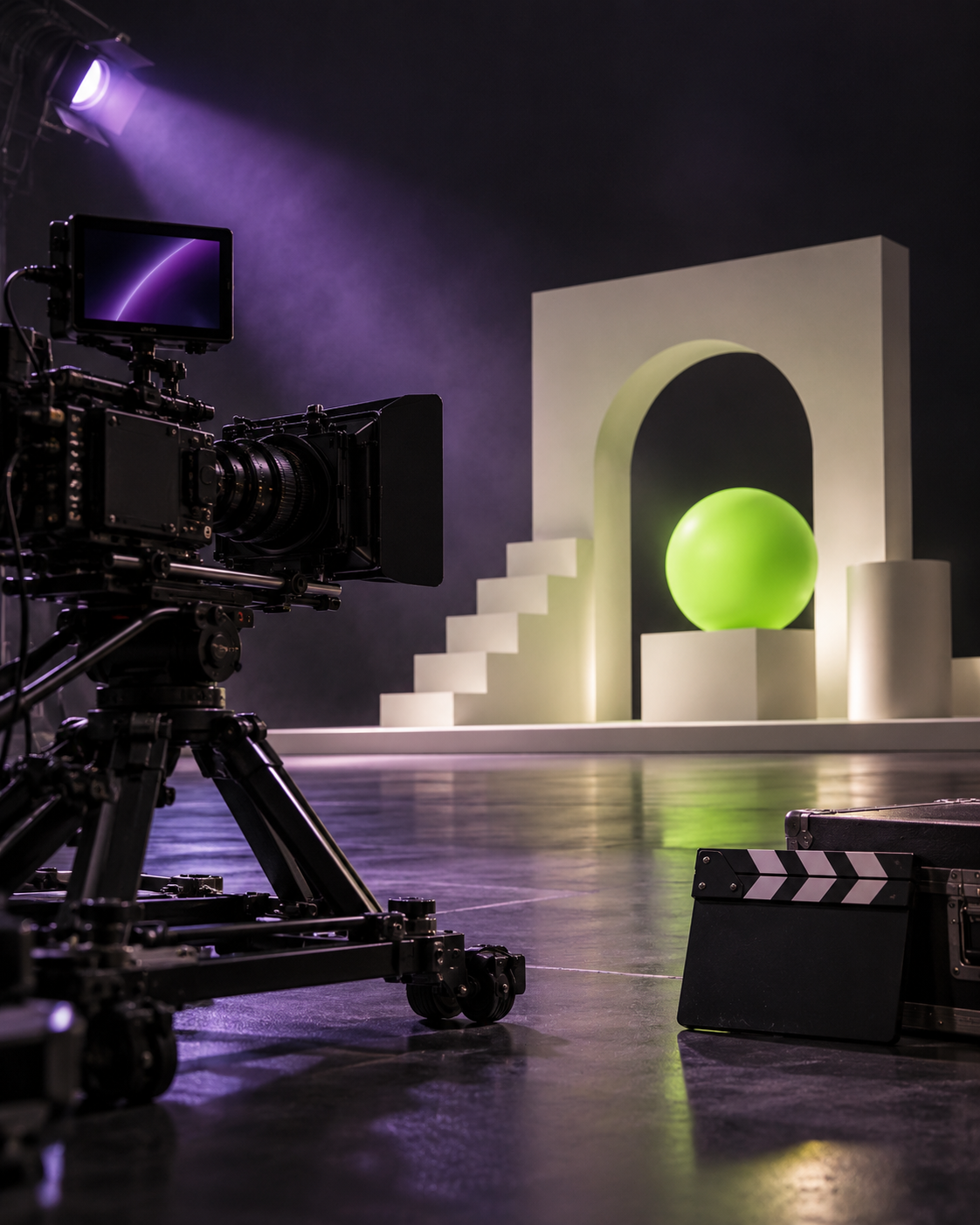 Set audiovisual editorial con cámara, iluminación y volumen escenográfico